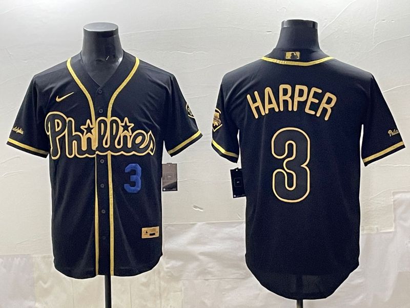 Men 2025 Philadelphia Phillies #3 Harper Black Gold Throwback Nike MLB Jersey style 006->women mlb jersey->Women Jersey